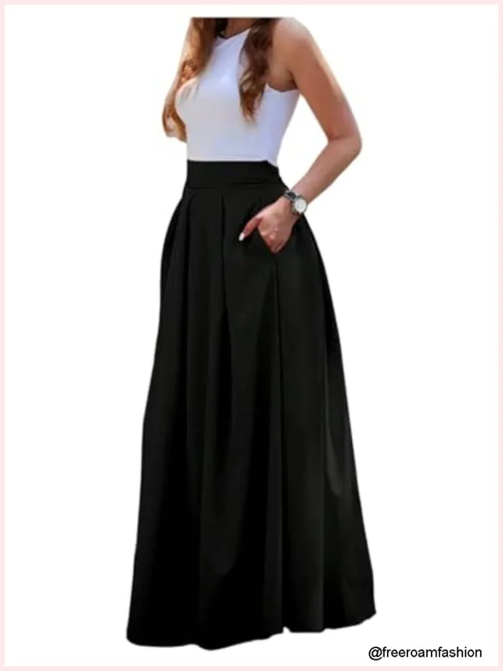 Elegant Floor Length Maxi Skirt Pleated A-Line High Waist with Pockets